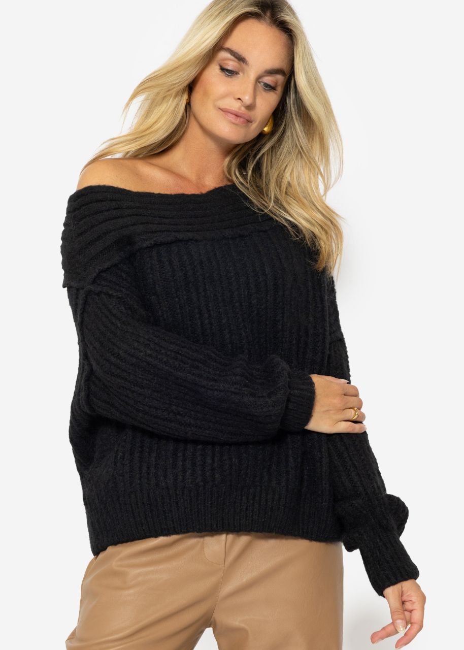 Schulterfreier Strickpullover- schwarz