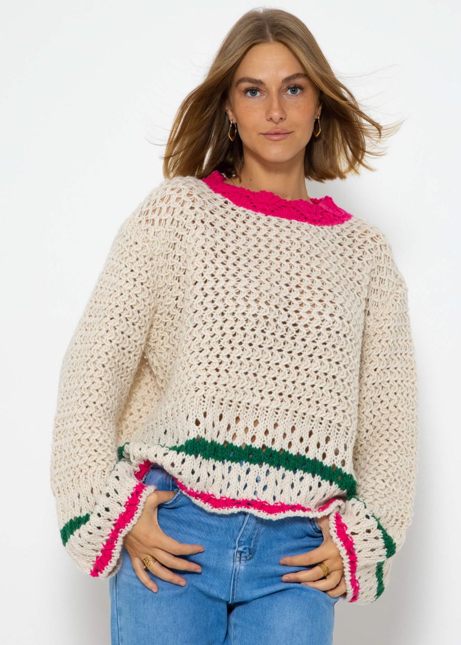 Grobgestrickter Pullover mit farbigen Details - offwhite