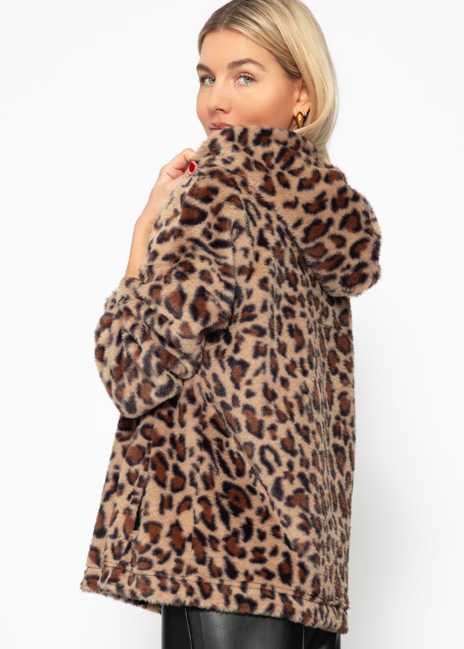 Oversize Teddy Hoodie in Leo-Print - beige