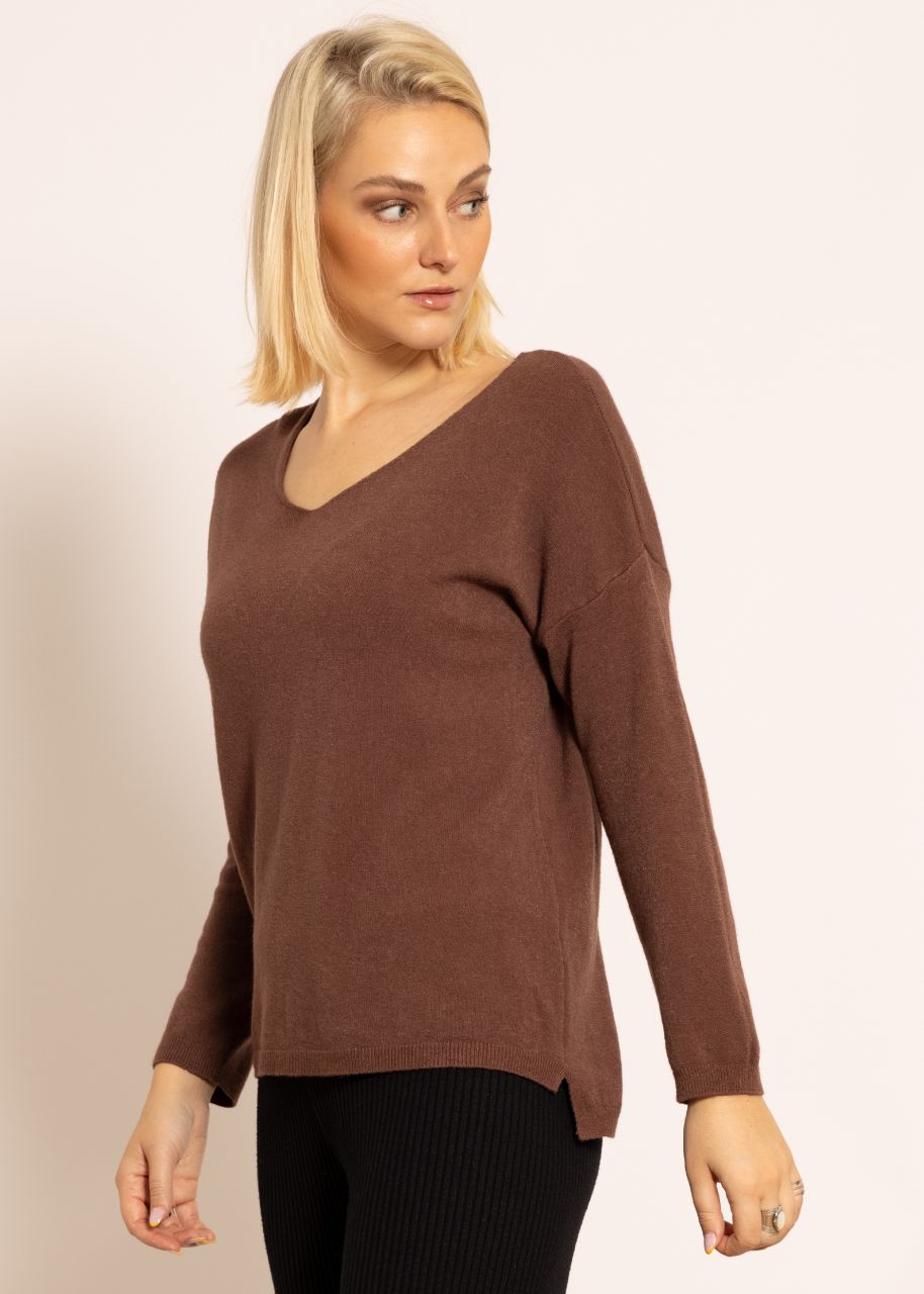 Oversize Pullover mit V-Ausschnitt, braun