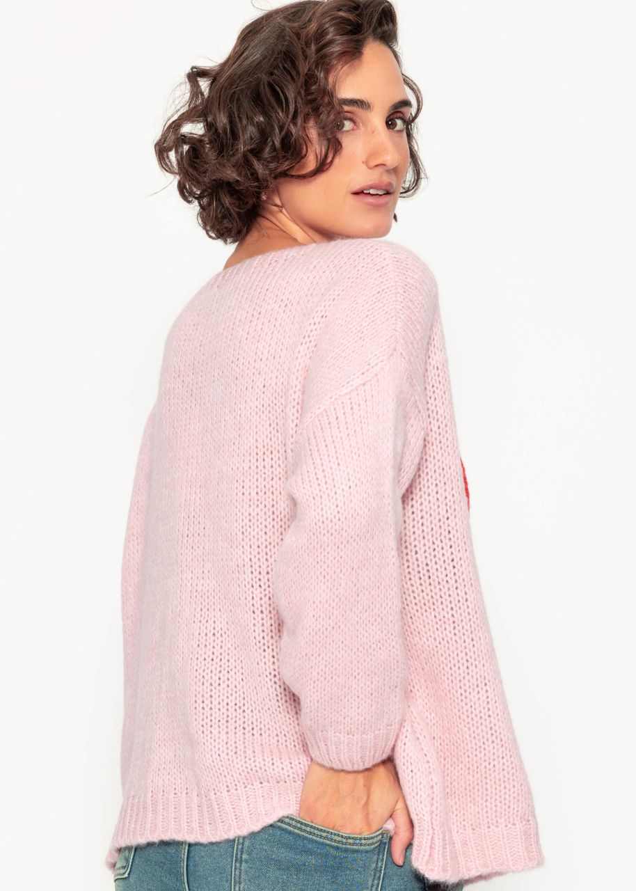 Oversize Pullover mit rotem Herz - rosa