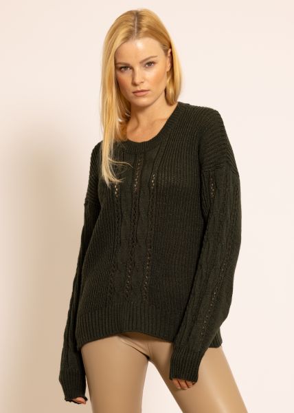 Long Pullover mit Zopfmuster, dunkelgrün
