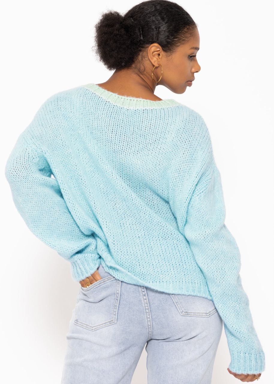 Zweifarbiger Strickpullover - hellblau-pastellgrün