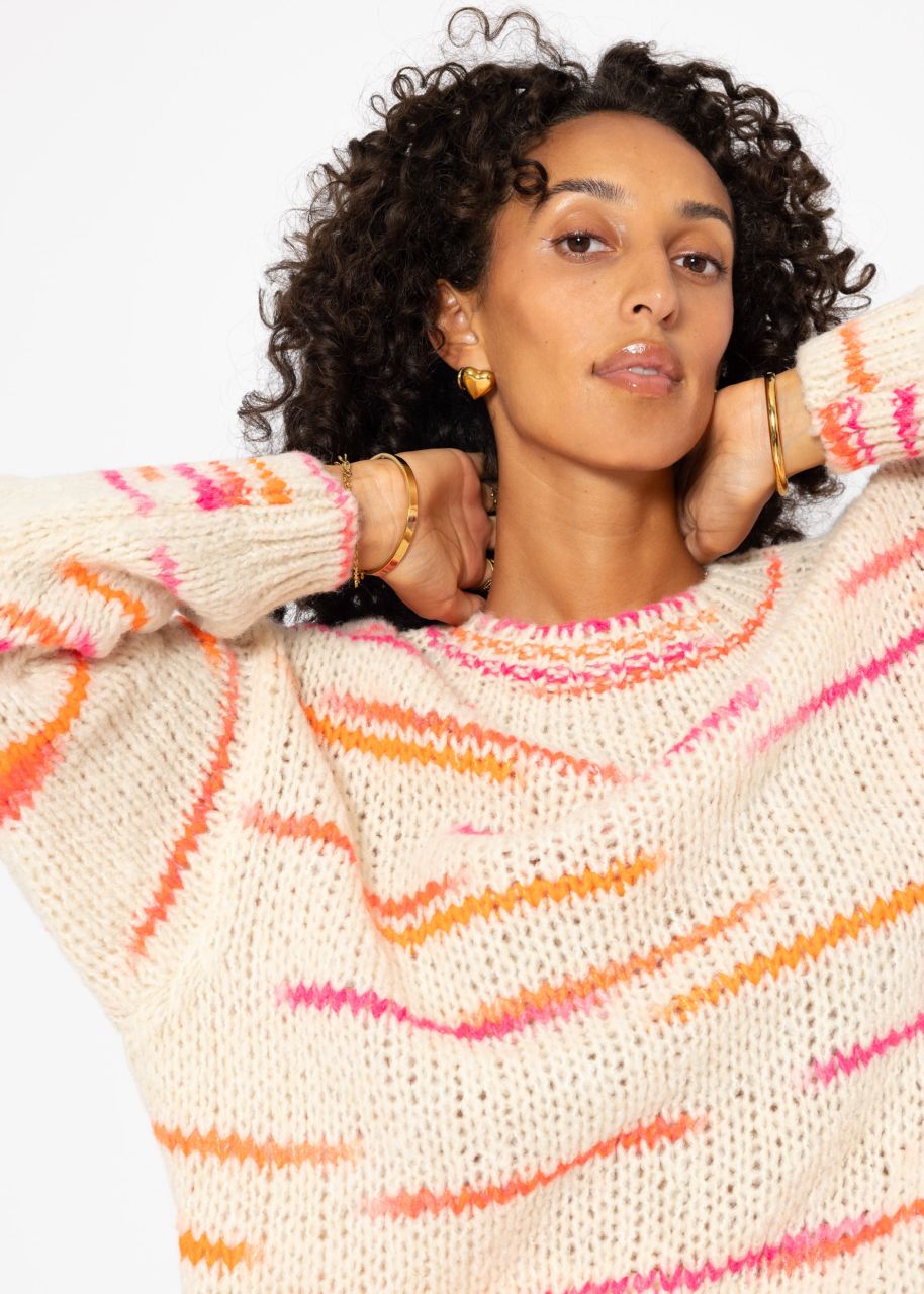 Oversize Pullover mit orange und pink Streifen - beige