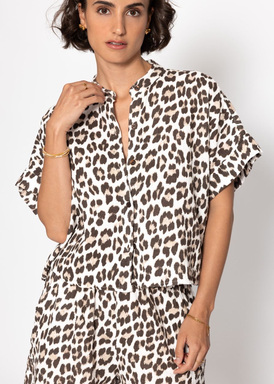 Musselin Bluse mit Leo-Print - offwhite-braun