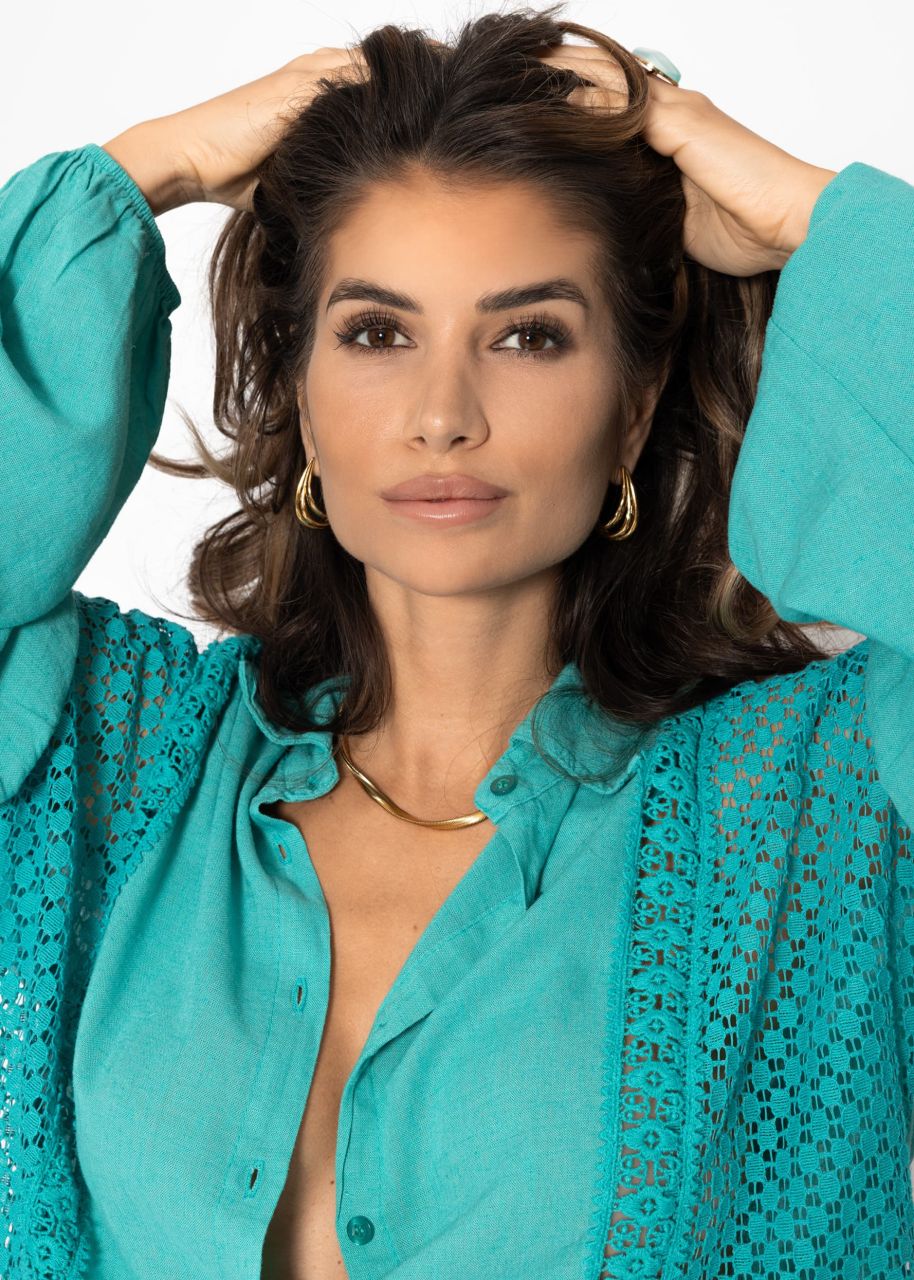 Leinen Bluse mit Spitze - türkis