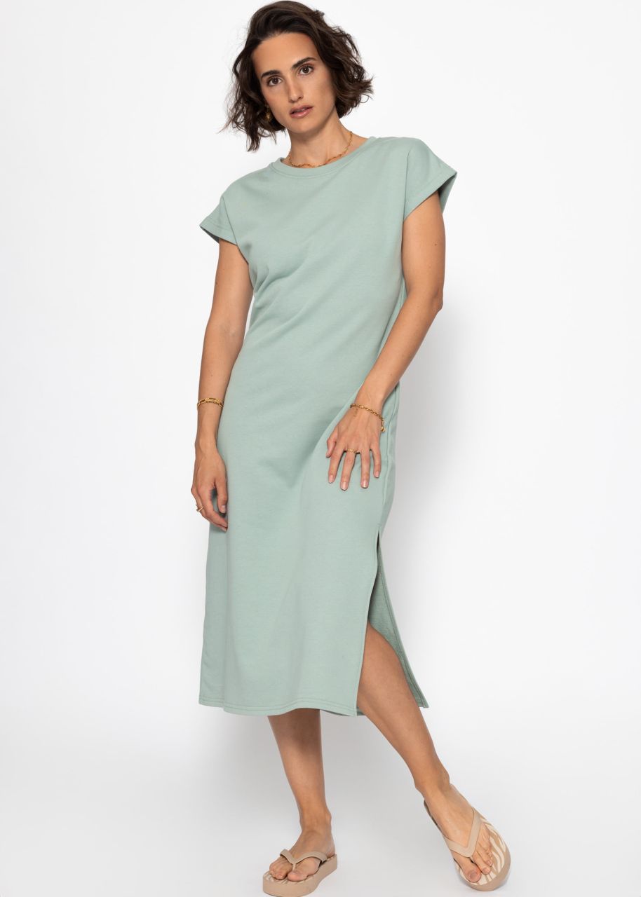 Langes Sweatkleid mit Schlitz - salbeigrün