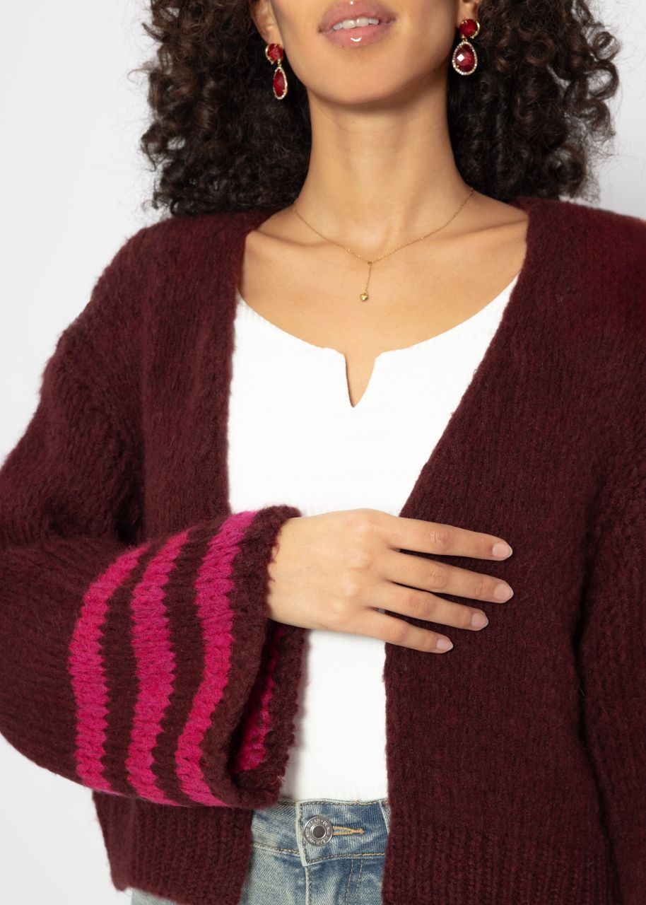 Cardigan mit gestreiftem Ärmelabschluss - burgundy