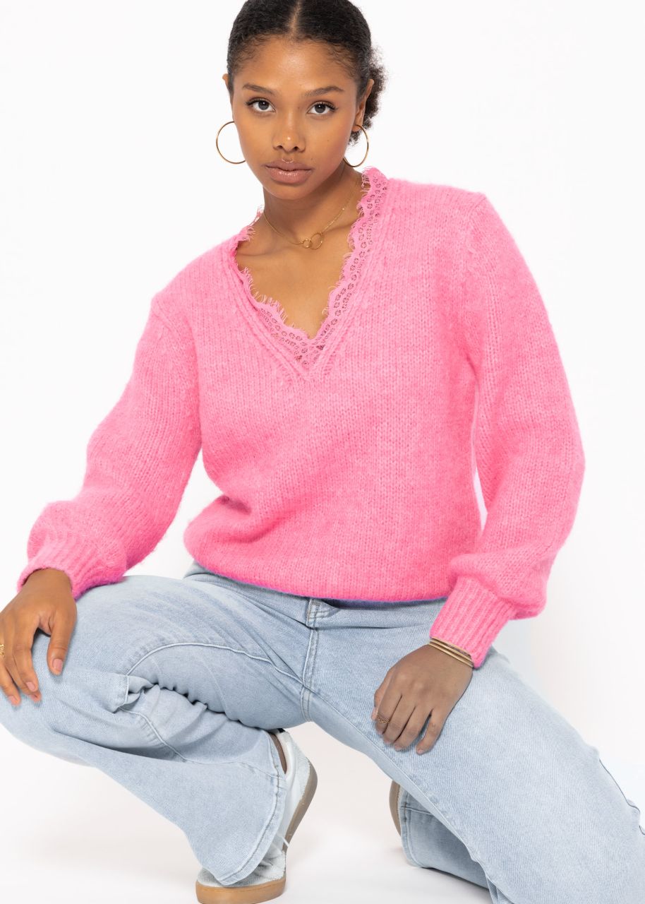 Pullover mit Spitzen-Ausschnitt - pink