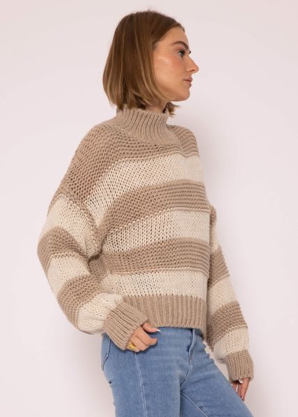 Rollkragenpullover mit Streifen - taupe-beige