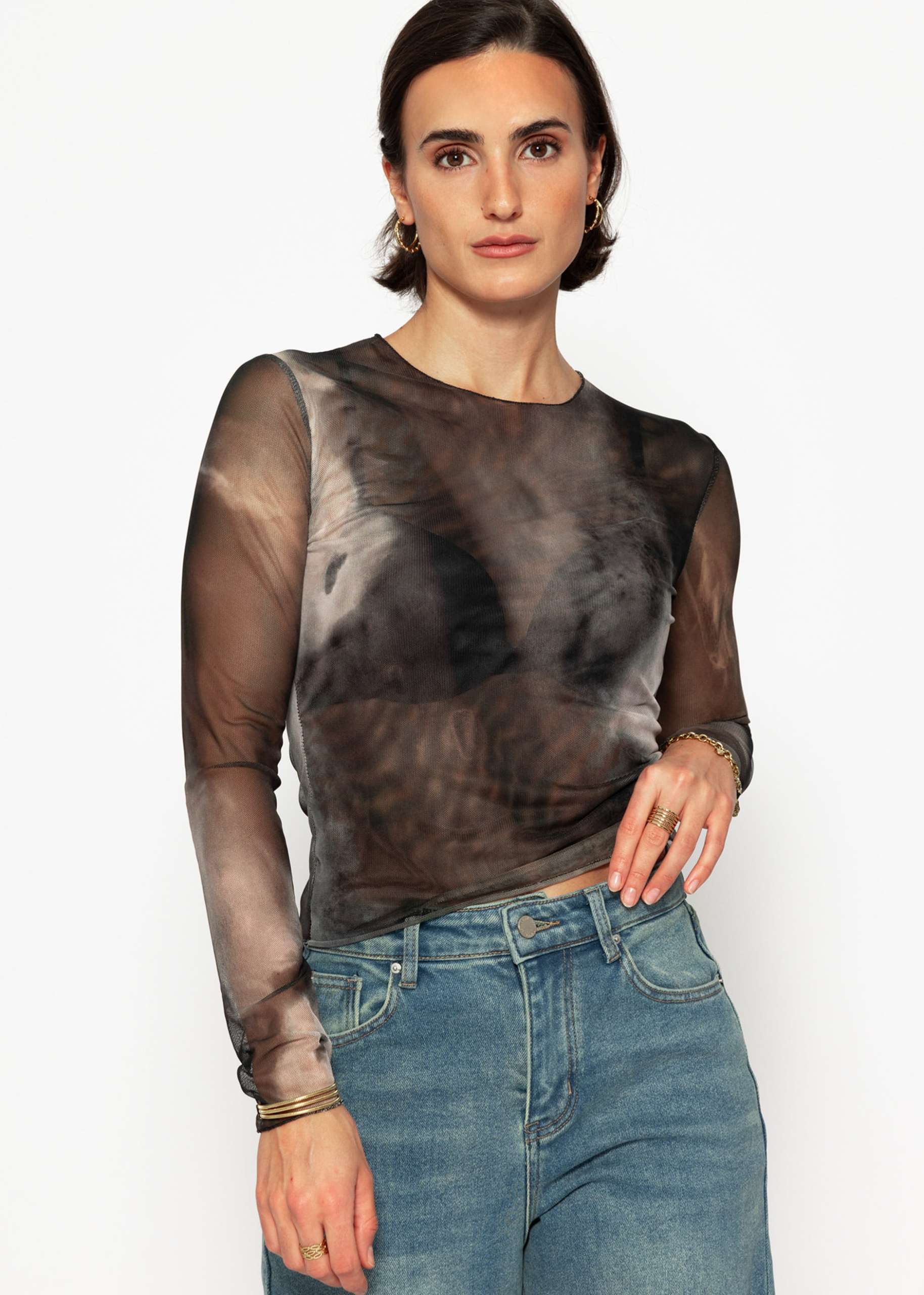 Mesh Langarmshirt mit Print - anthrazit