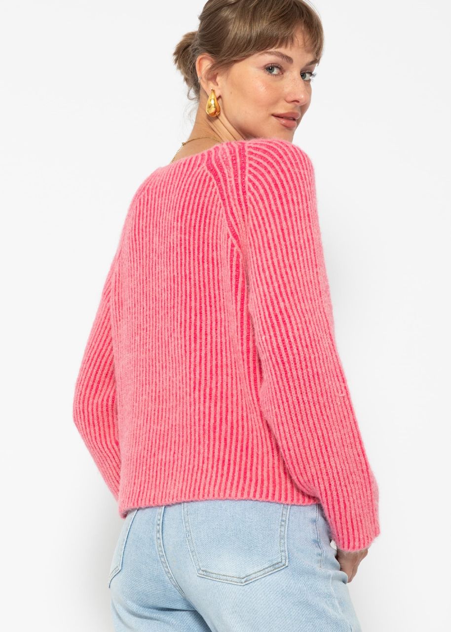 Zweifarbiger gerippter Pullover - pink-fuchsia