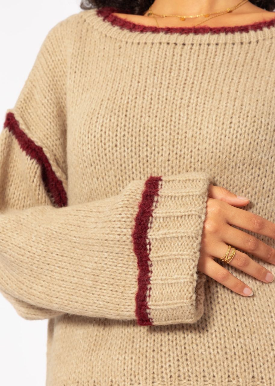 Pullover mit farbigen Blenden - beige-bordeaux