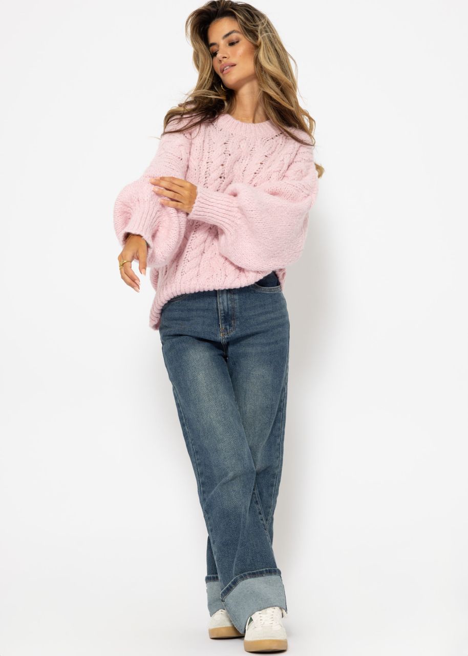 Super flauschiger Pullover mit Zopfmuster - rosa