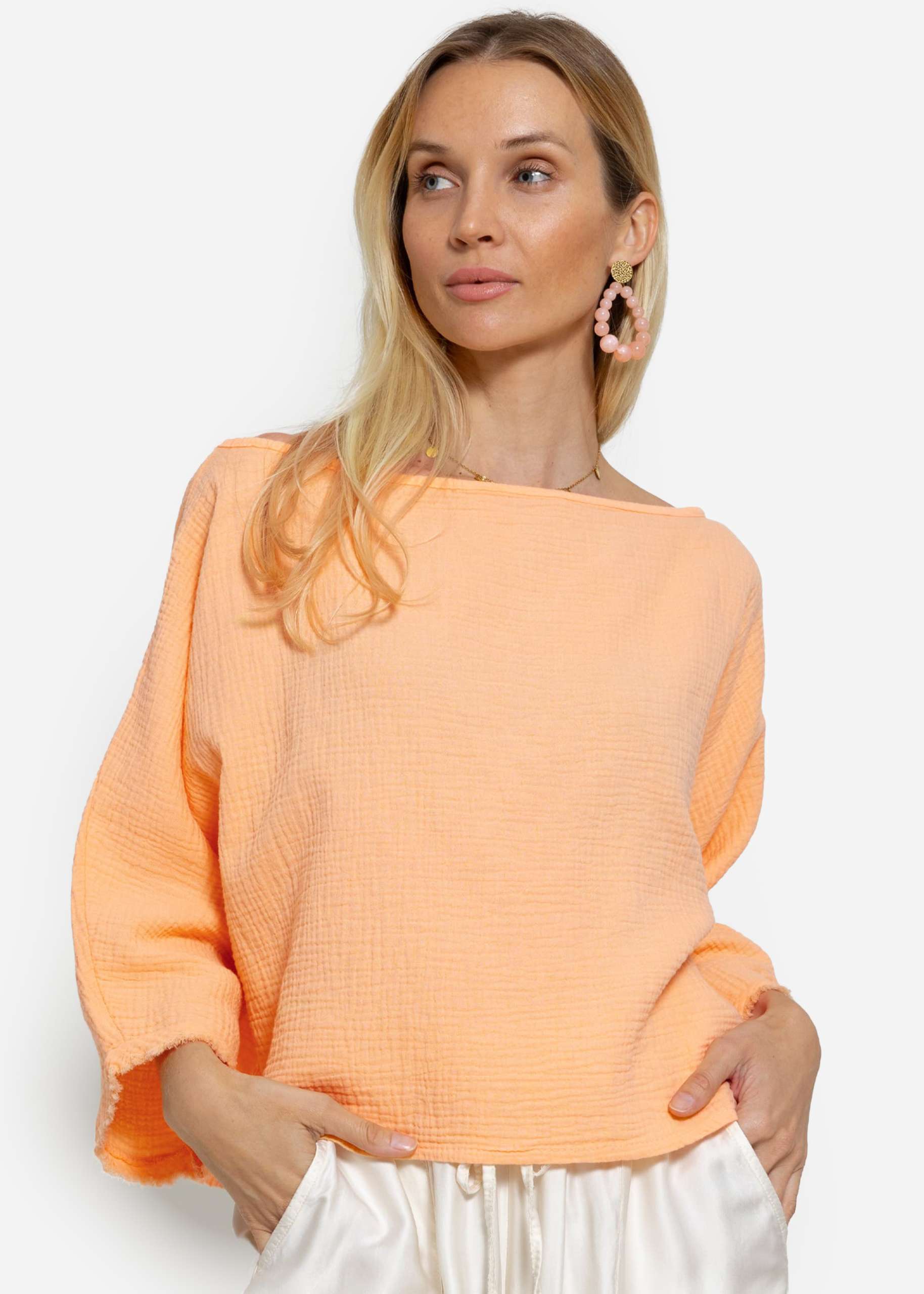 Musselin Shirt mit ausgefranstem Ärmelabschluss - peach