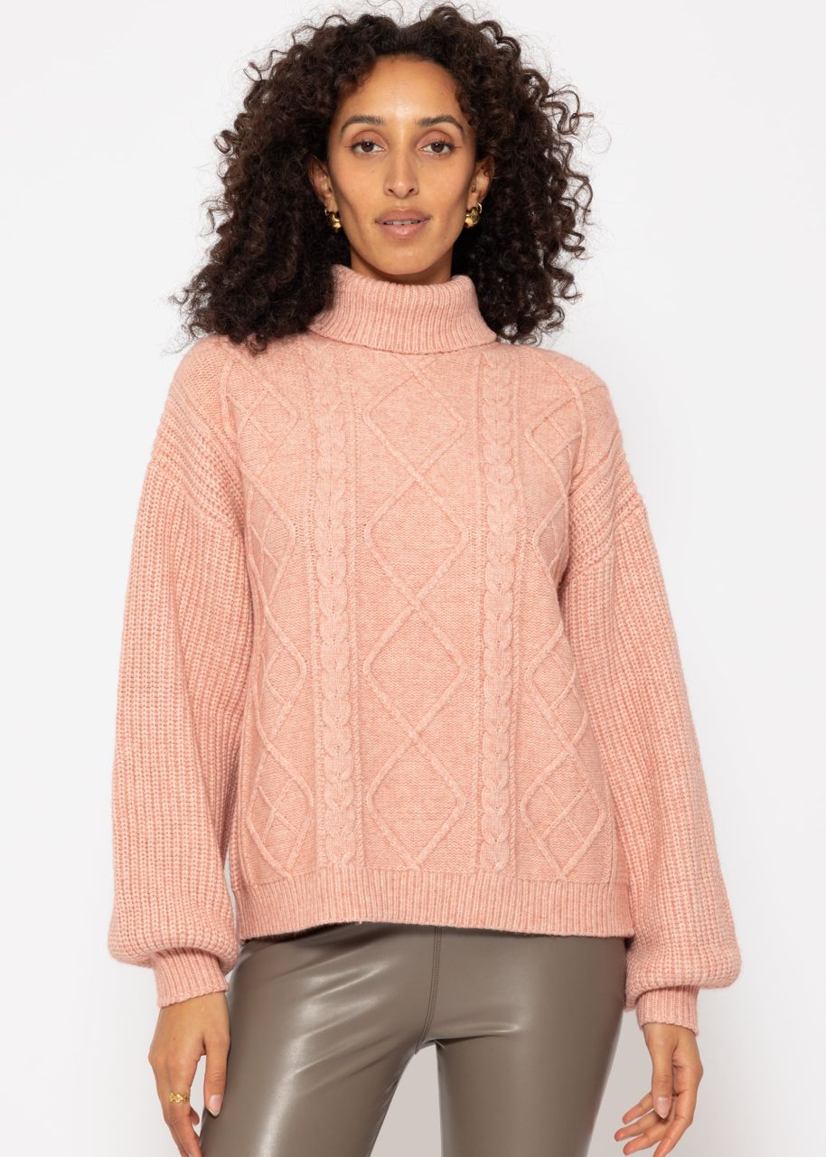 Rollkragenpullover mit Zopfmuster - rosa