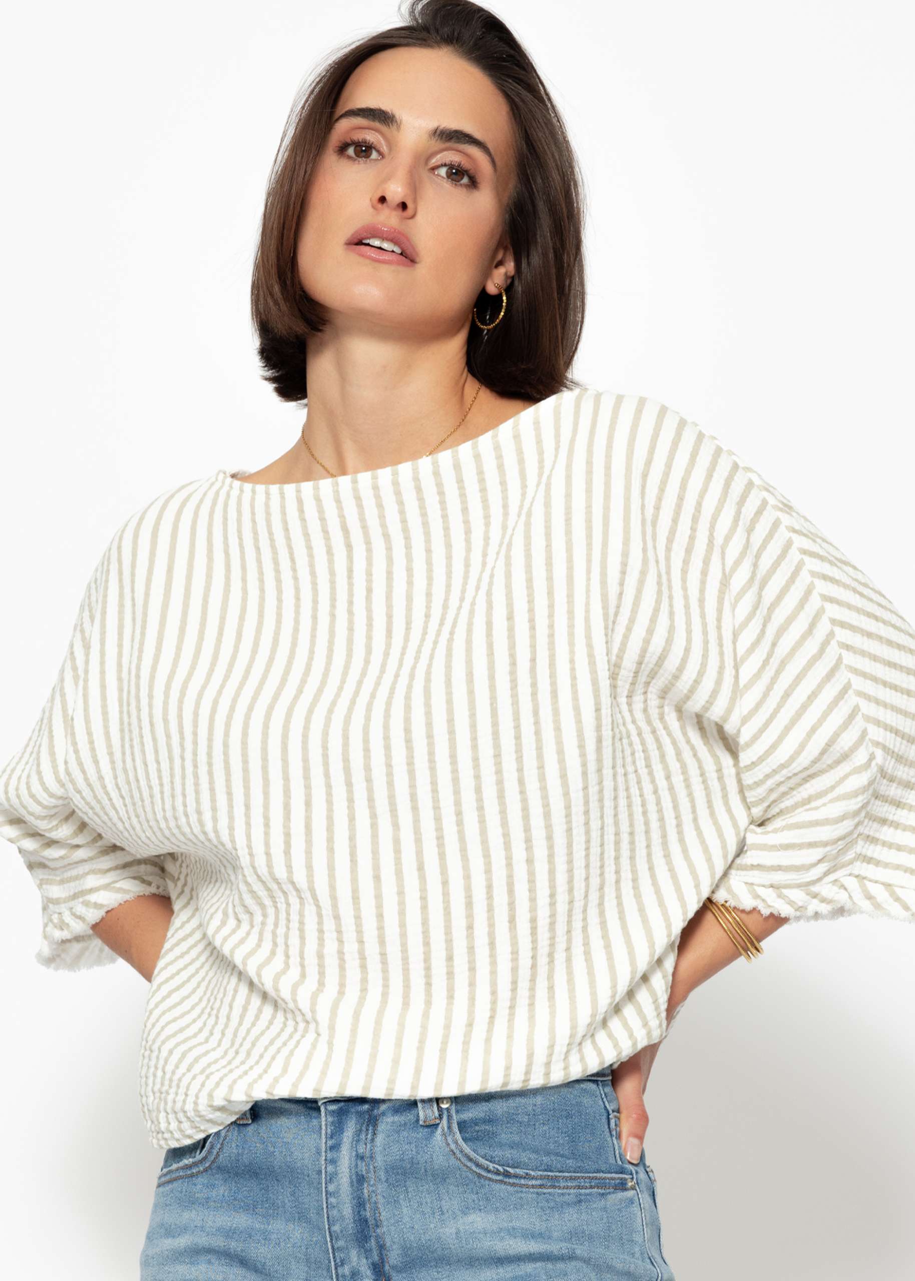 Gestreiftes Oversize Musselin Shirt - beige