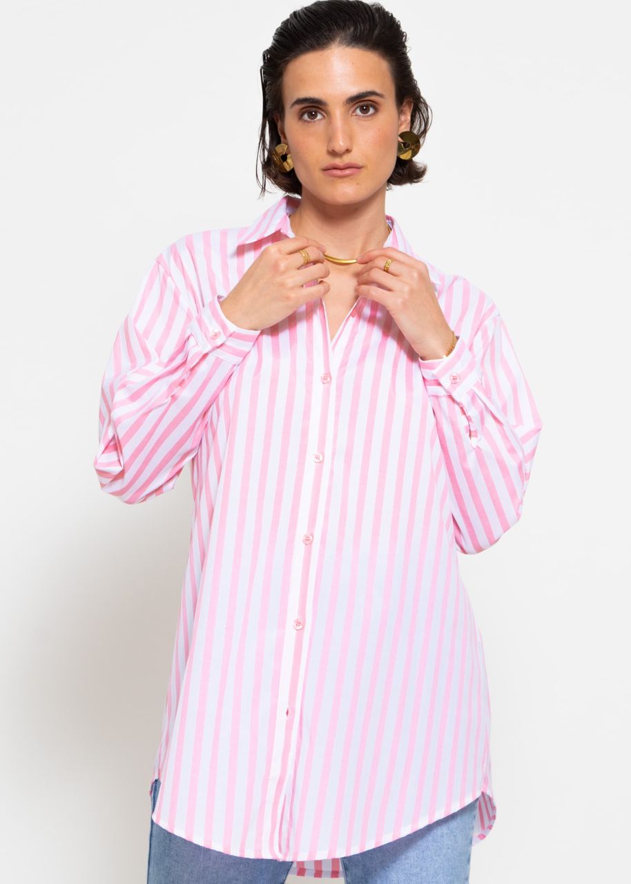 Langes, gestreiftes Blusenhemd mit Logo-Print - rosa