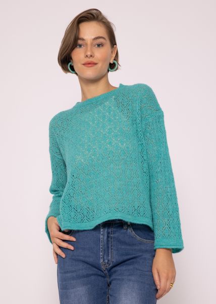 Pullover mit Rauten Lochmuster, türkis