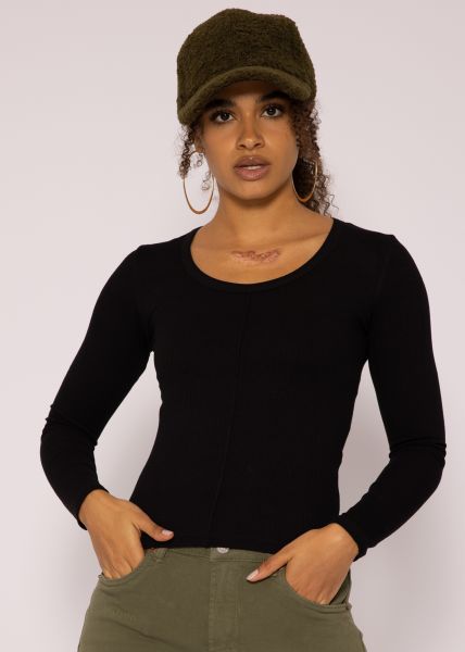 Enganliegendes Langarmshirt mit Biese, schwarz