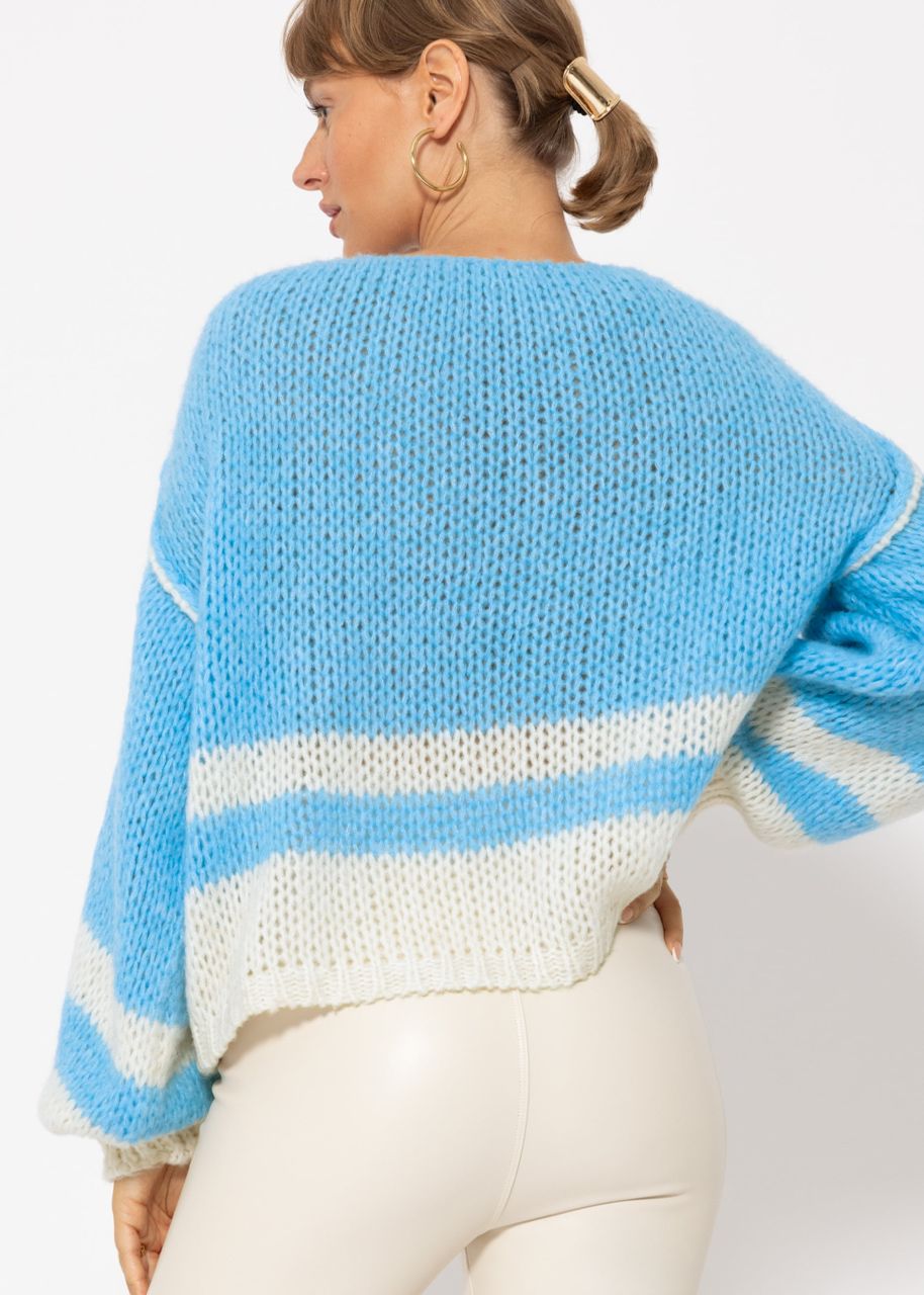 Pullover mit gestreiftem Saumende - eisblau-offwhite