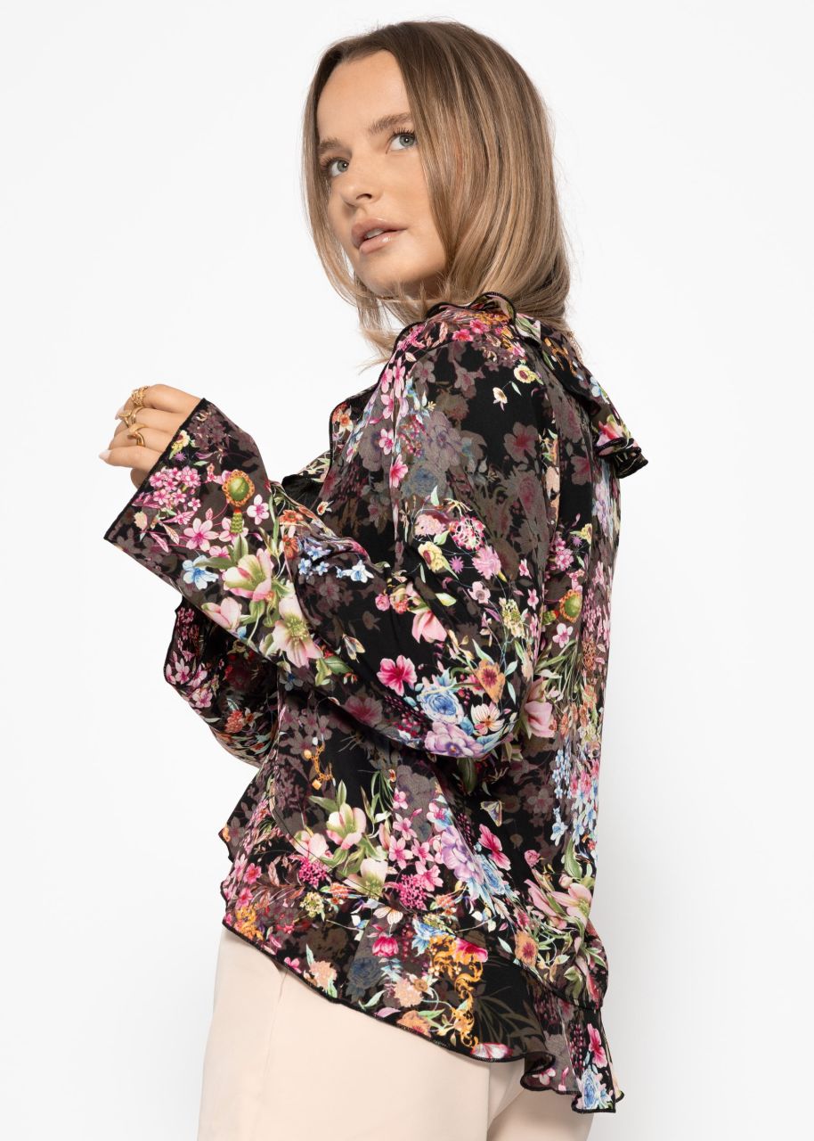 Bluse mit Bindeband und Blumen-Print - schwarz