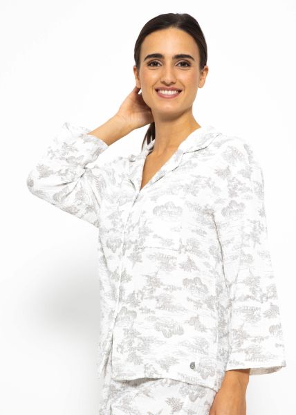 Musselin Pyjamabluse mit Print - weiß-taupe
