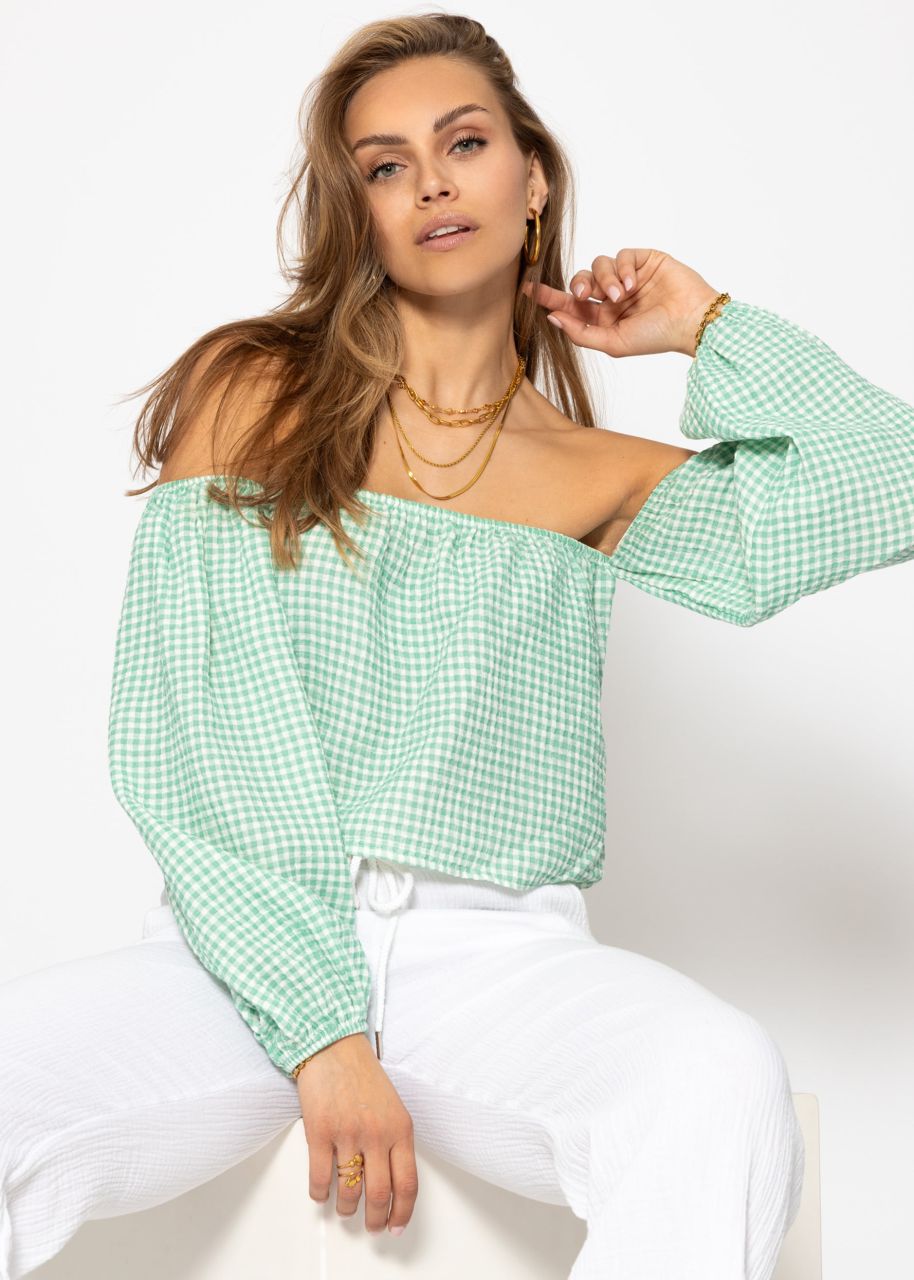 Musselin Top mit Vichy-Print, schulterfrei - salbeigrün-weiß
