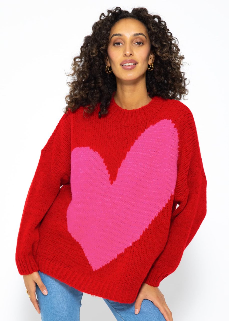 Oversize Pullover mit Herzmotiv - rot-pink