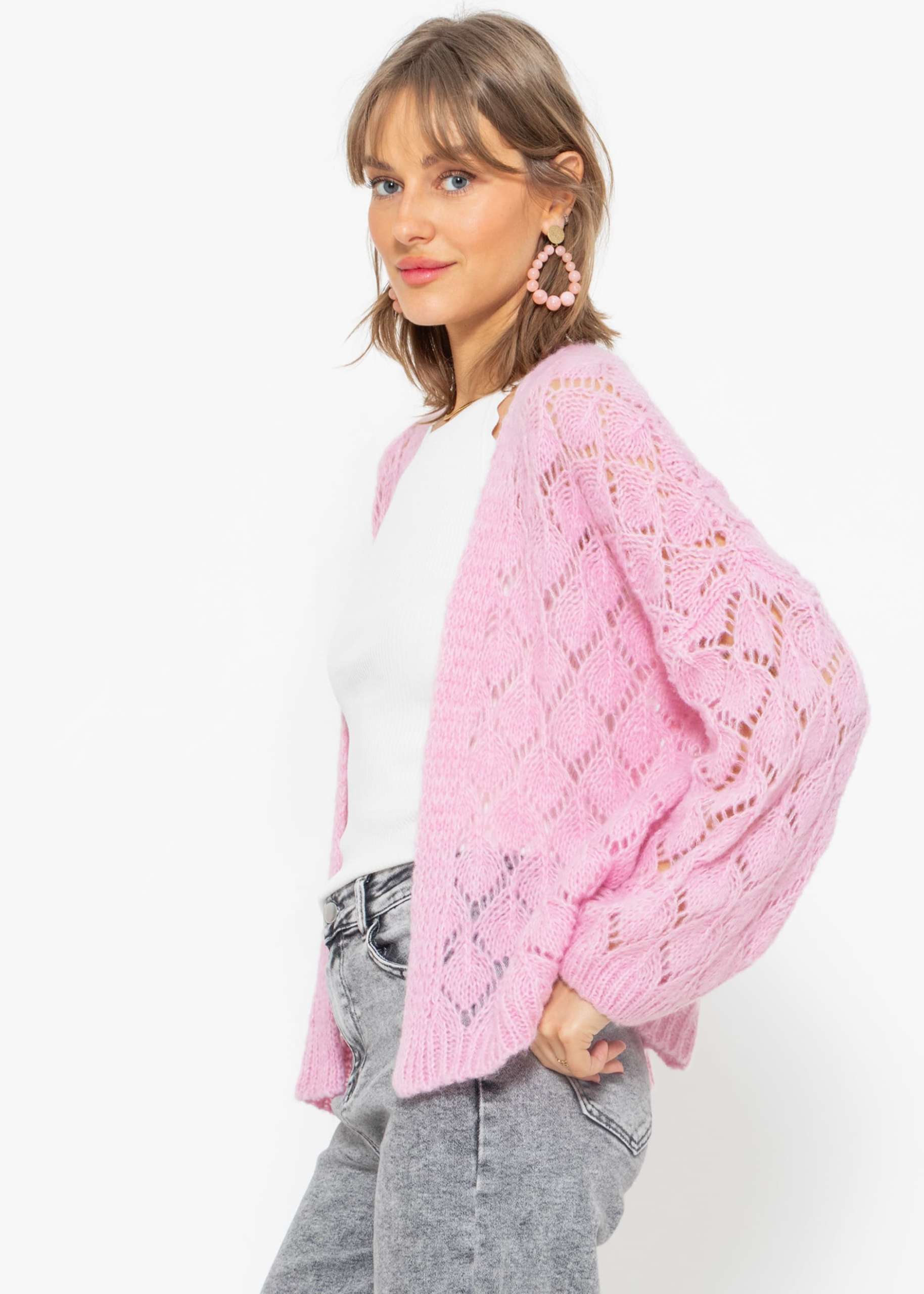 Oversize Cardigan in Ajour Strick - rosa