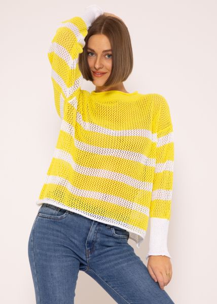 Gestreifter Netz-Pullover, gelb/weiß