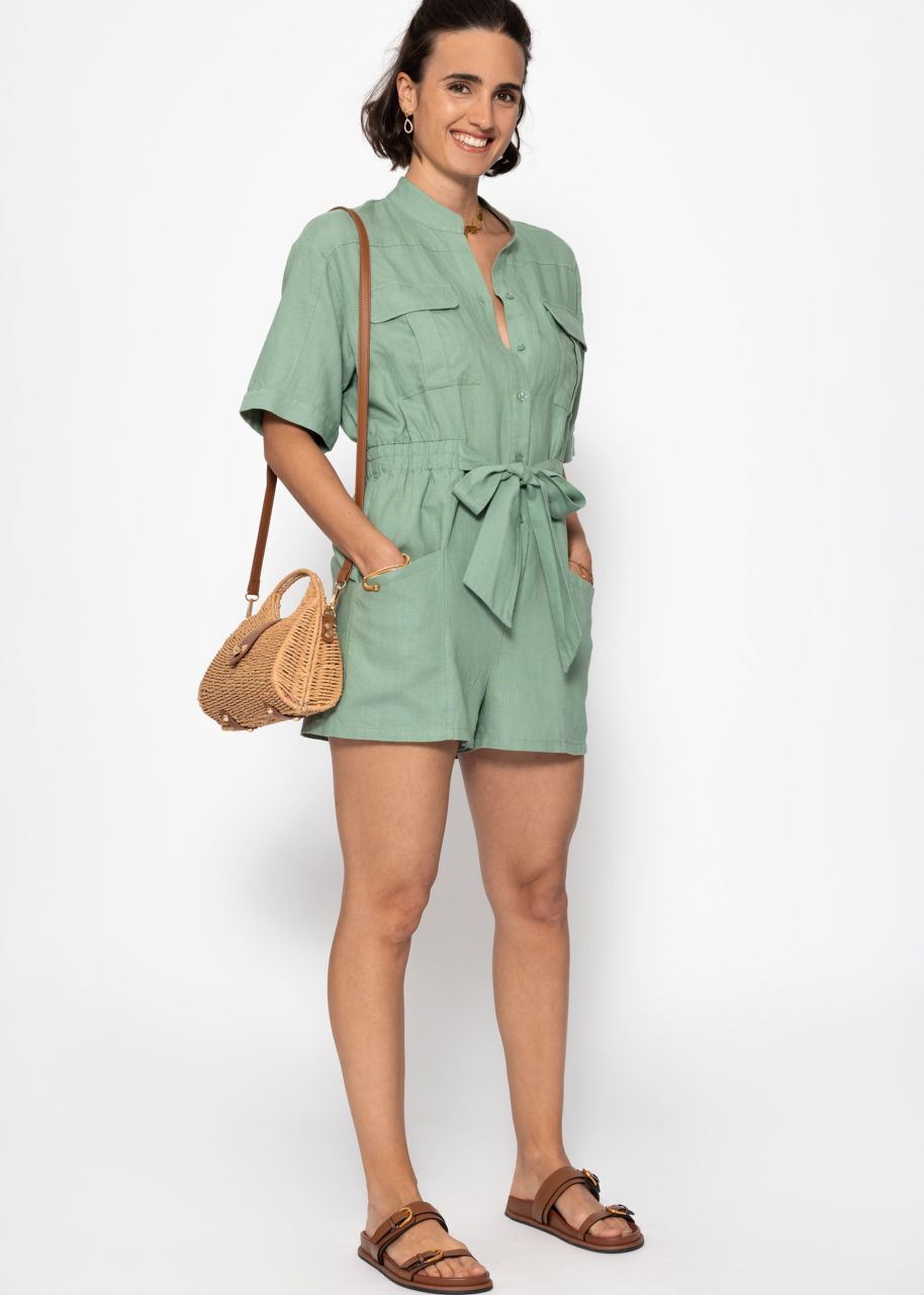 Leinenjumpsuit mit Bindegürtel - salbeigrün