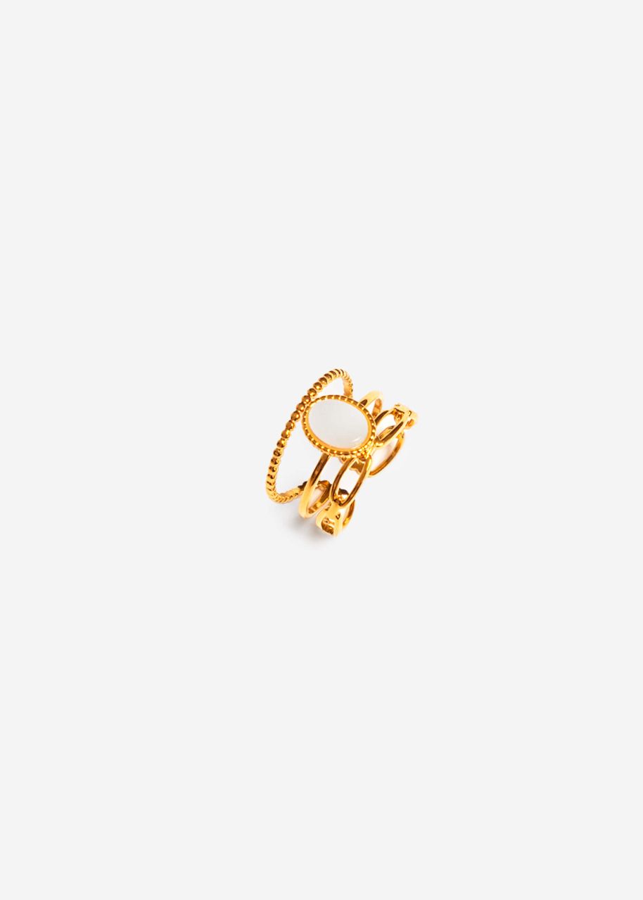 Dreigliedriger Ring mit weißem Schmuckstein - gold