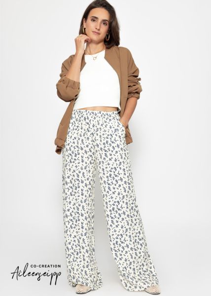 Hose mit weitem Bein und floralem Print - offwhite