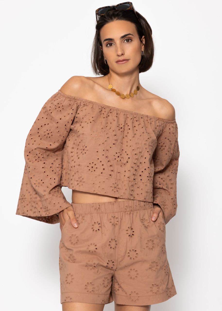 Schulterfreies Langarm Top mit Lochstickerei - mocca mousse