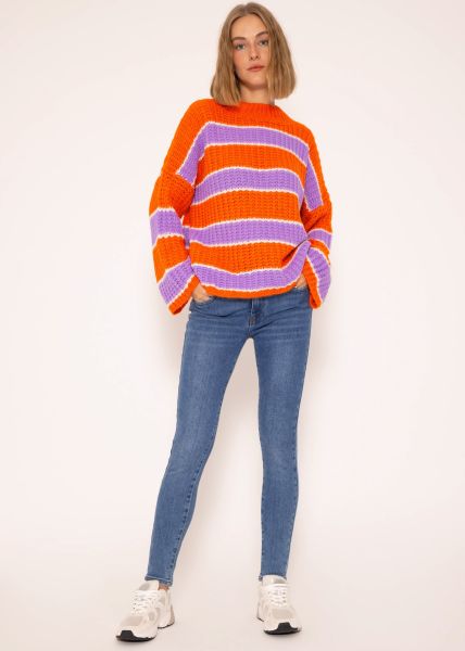 Oversize Pullover mit Streifen - orange-lila-weiß