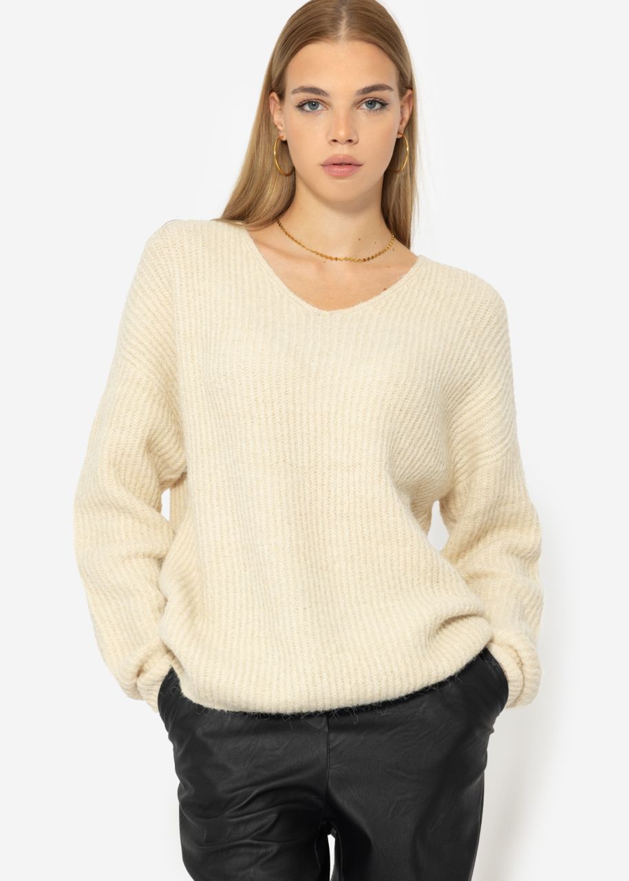 Gerippter Pullover mit V-Ausschnitt - beige