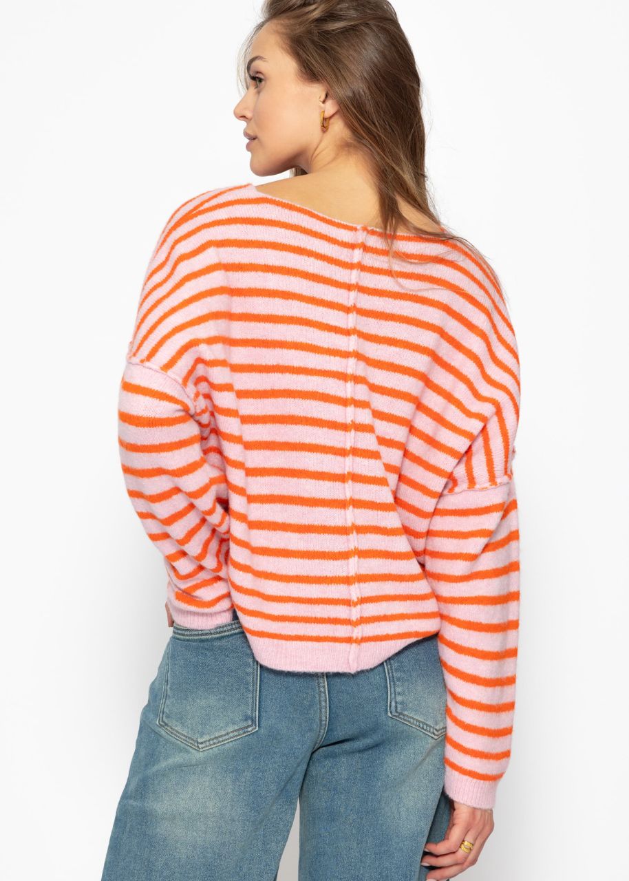 Gestreifter Oversize Pullover mit Rückennaht - rosa-orange