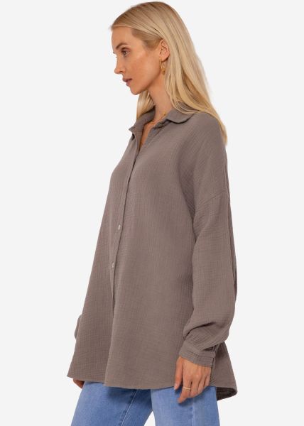 Musselin Bluse mit abgerundetem Saum - taupe