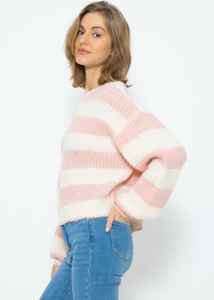 Flauschiger Pullover mit versetzten Blockstreifen - rosa-offwhite