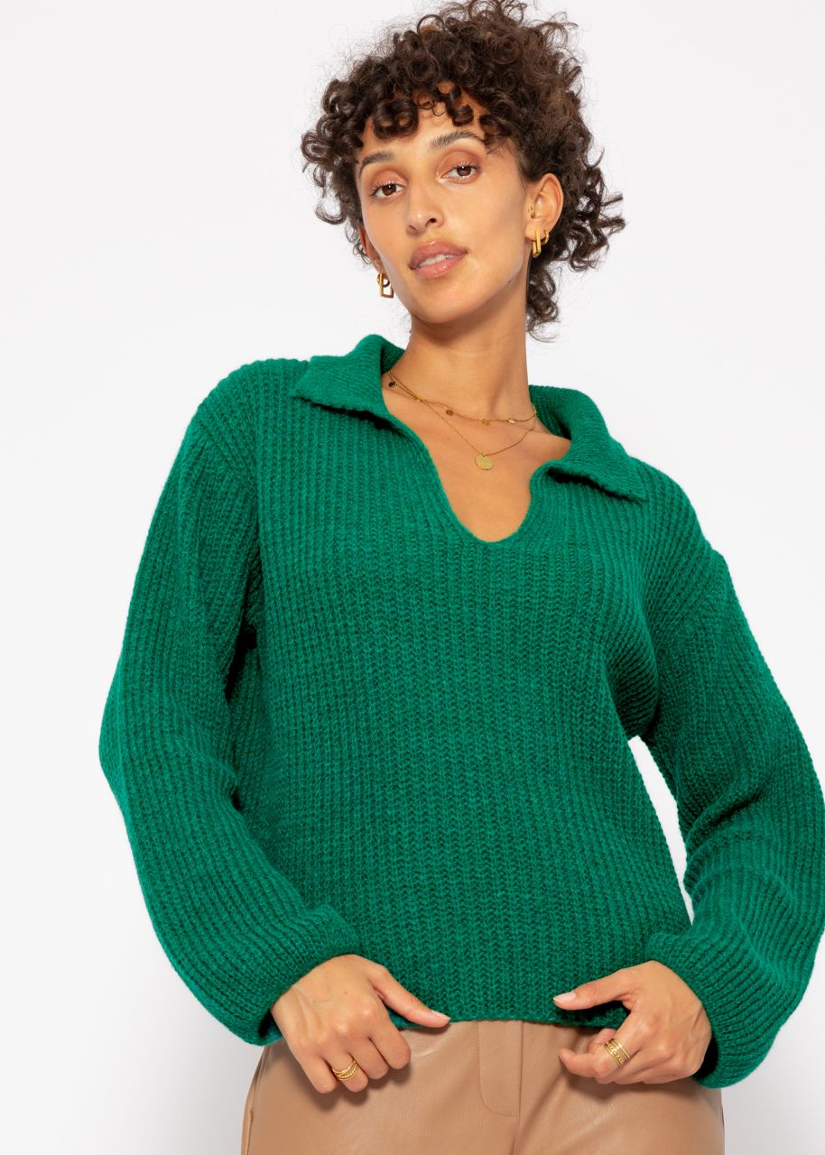 Oversize Pullover mit V-Ausschnitt und Kragen - grün