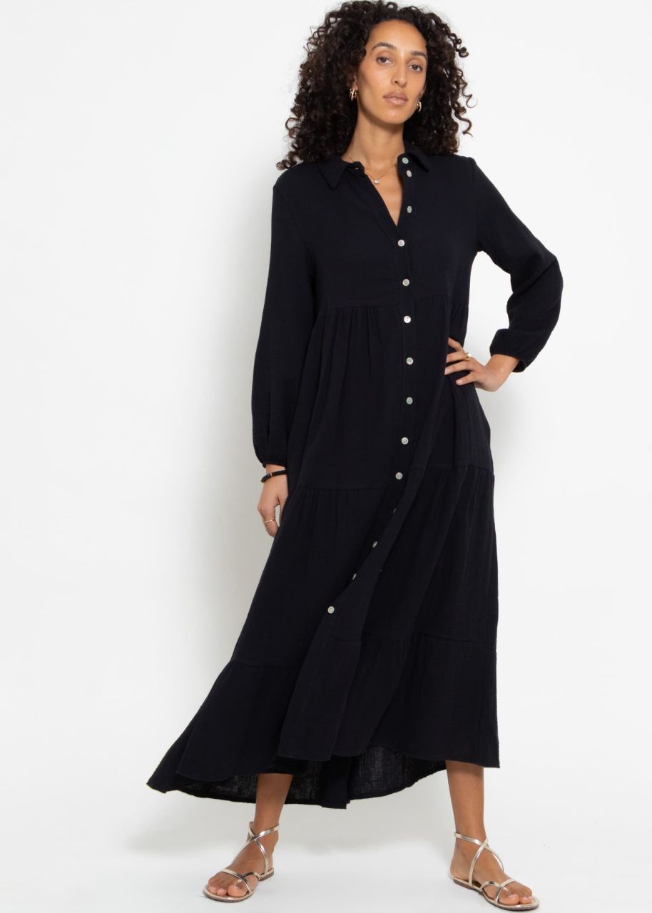 Musselin Maxi Kleid mit Volants - schwarz