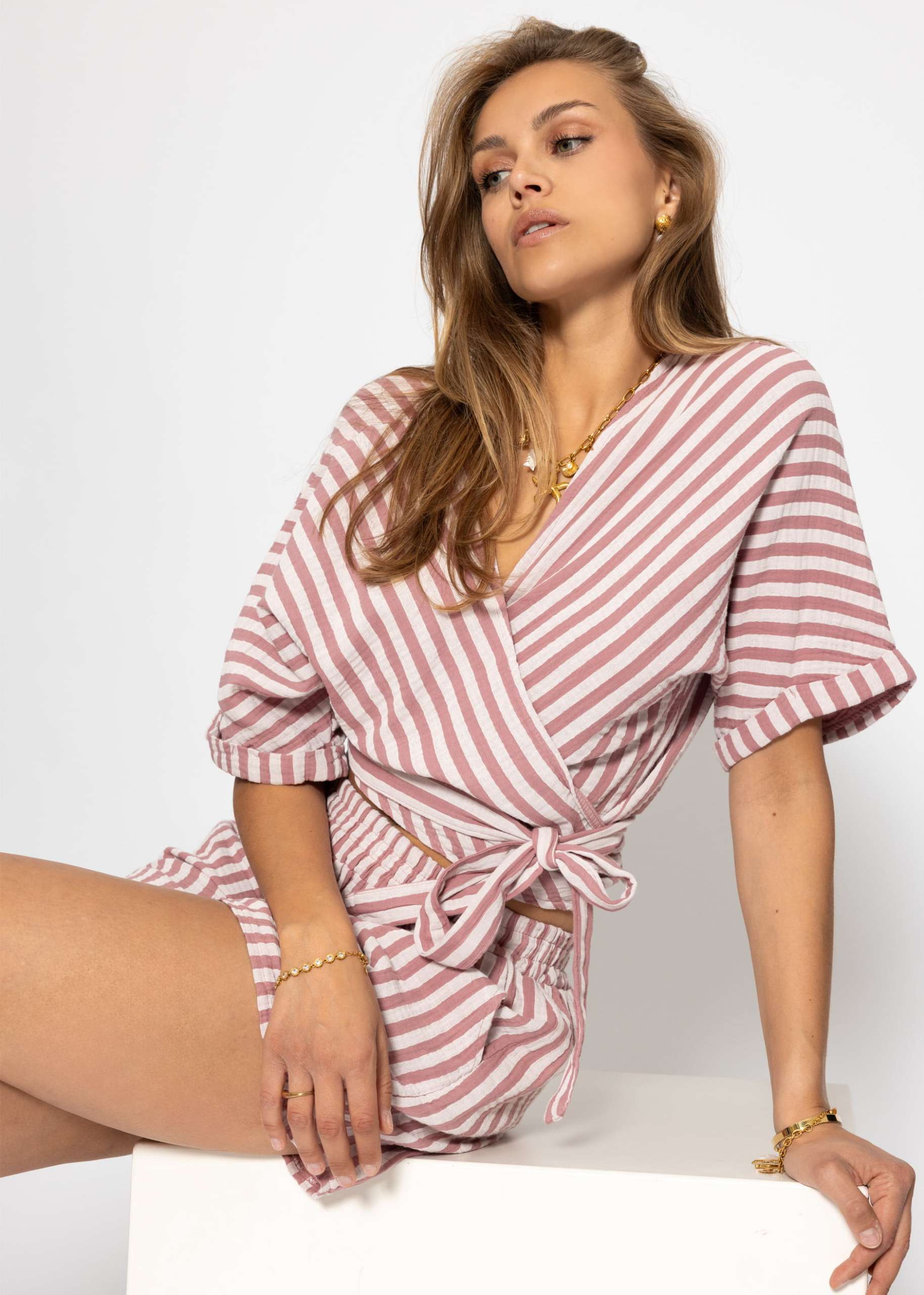 Gestreifte Musselin Wickel Bluse - altrosa
