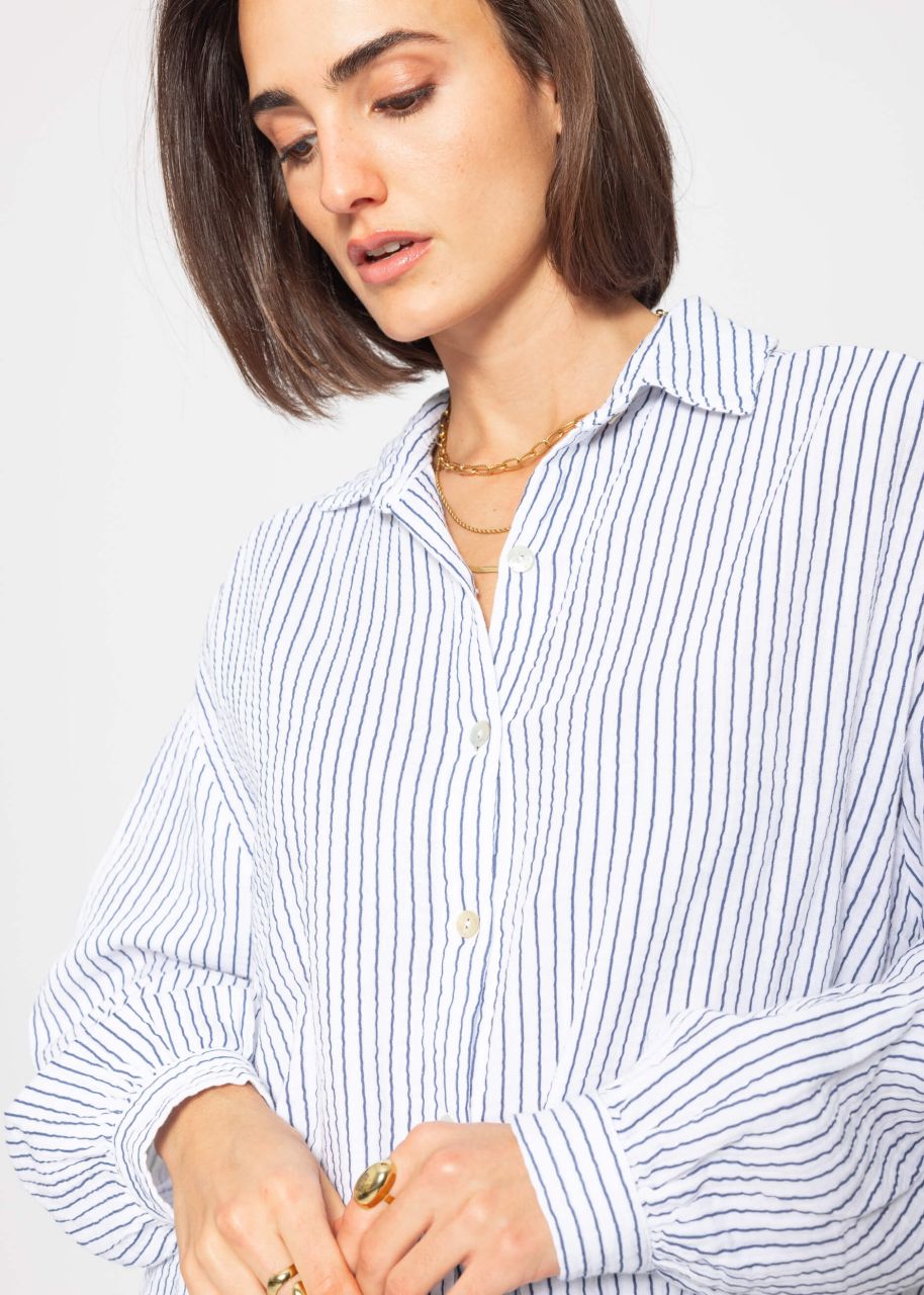 Gestreifte Musselin Bluse oversize - blau-weiß