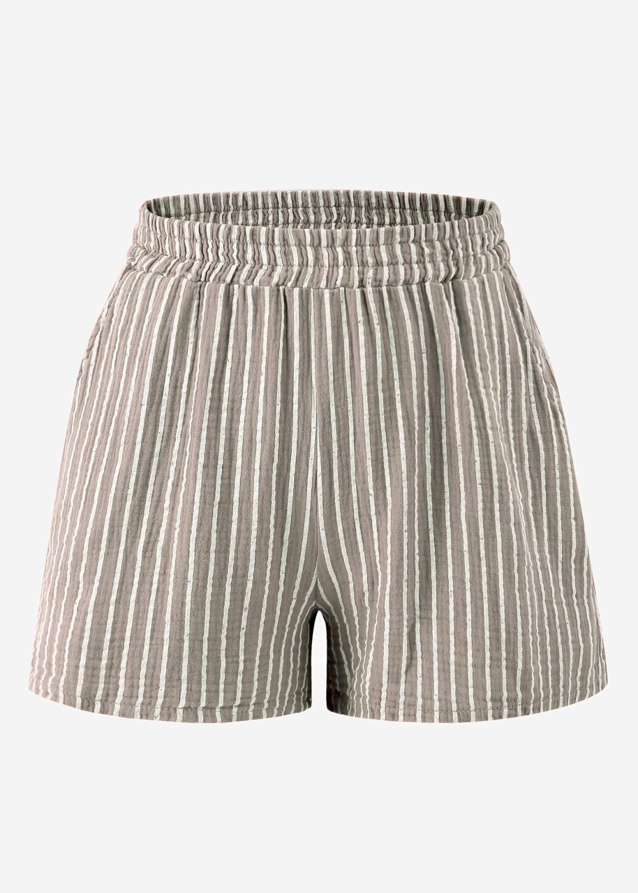 Gestreifte Musselin Shorts - taupe