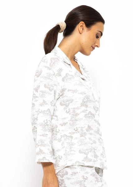 Musselin Pyjamabluse mit Print - weiß-taupe