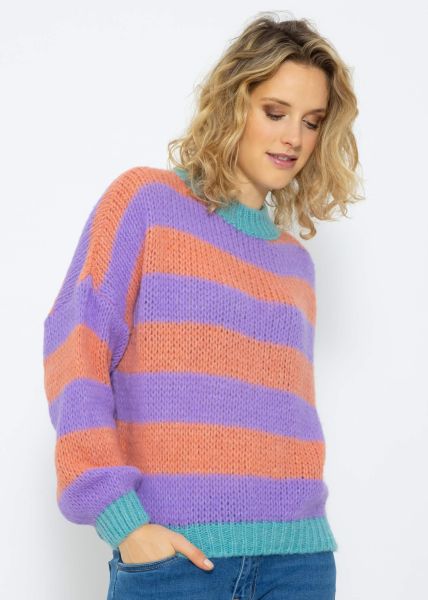 Gestreifter Pullover mit farbigen Blenden - orange-lila