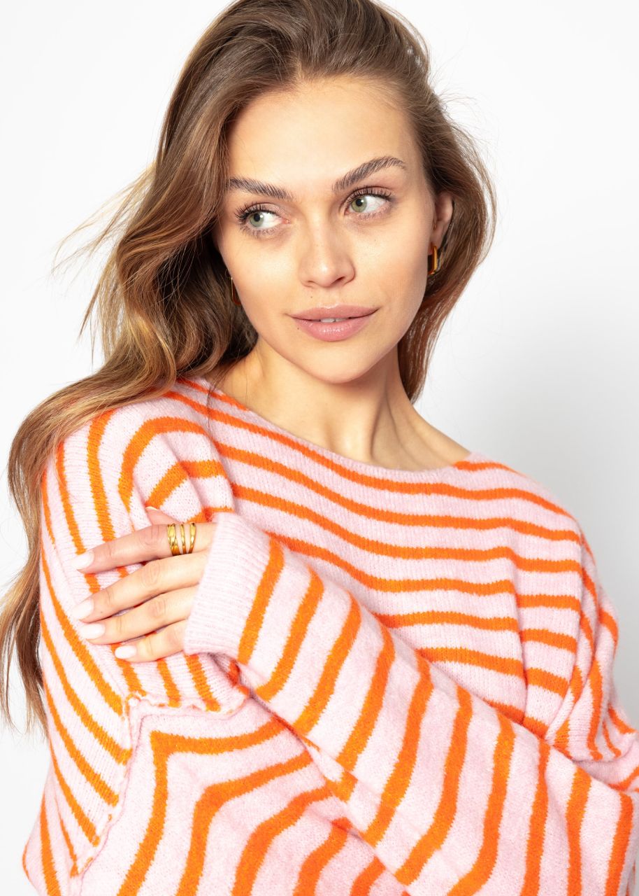 Gestreifter Oversize Pullover mit Rückennaht - rosa-orange