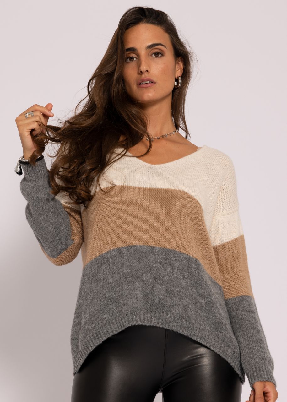 Pullover mit V-Ausschnitt, offwhite/camel/grau