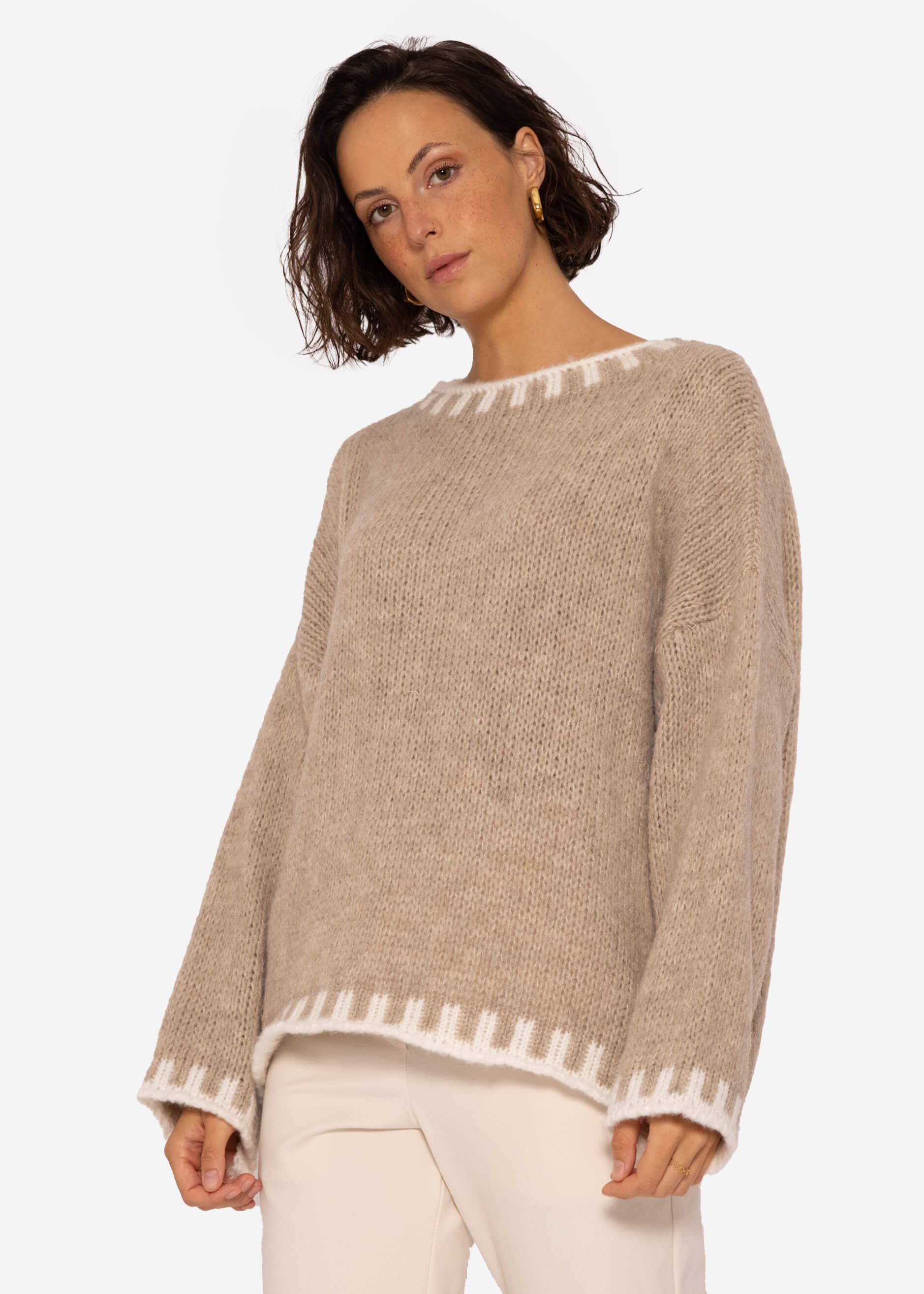 Pullover mit offwhite Details, beige Bekleidung | Pullover | SASSYCLASSY 
